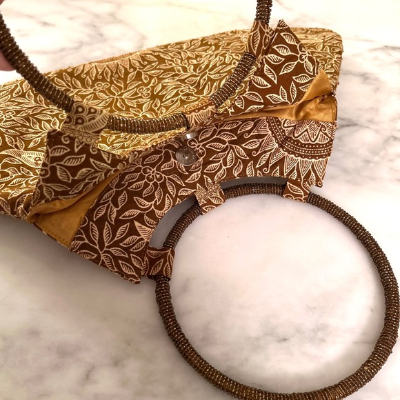 Brown Gold‎ Batik Print Beaded Handle Beaded Bag Purse Women - Picture 7 of 8